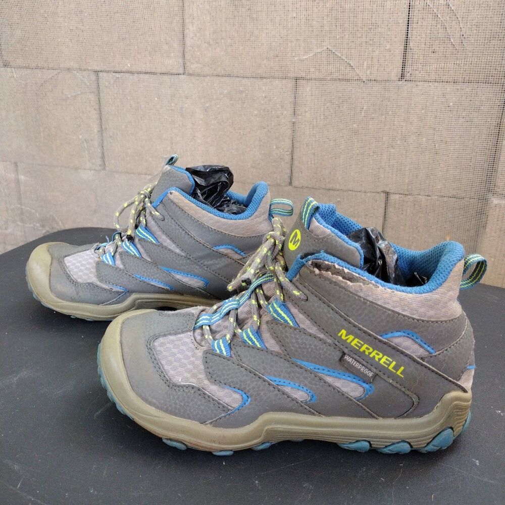 Merrell Chameleon 7 Access Mid A/C Waterproof Hiking Boots Kids Sz 1.5 Grey Blue